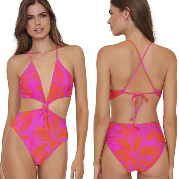 New PQ Swim Del Mar Palms Print Knot Cutout One-Piece Swimsuit NWT Large - Picture 2 of 14